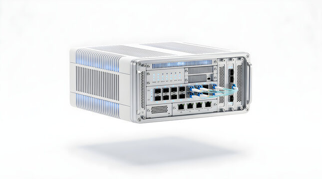 Desain Komponen Perangkat Keras Server Jaringan Generik Render 3D Latar Belakang Putih Minimalis