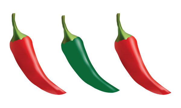 Three chili peppers of different colors