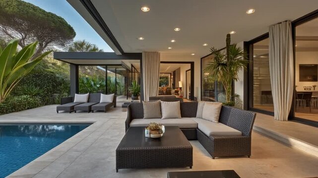 Modern luxury patio lounge area featuring comfortable outdoor furniture next to a swimming pool video clip