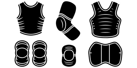 Protective sports equipment icon set featuring vest, knee pad, chest protector and safety gear, © Lutfunnaher