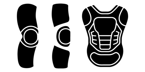 Protective sports equipment icon set featuring vest, knee pad, chest protector and safety gear, © Lutfunnaher