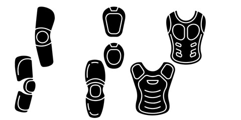 Protective sports equipment icon set featuring vest, knee pad, chest protector and safety gear, © Lutfunnaher