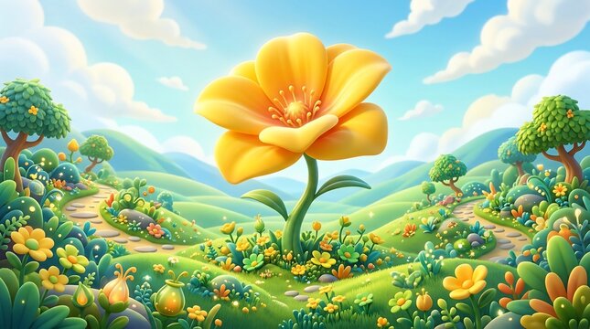 Beautiful yellow flower in a lush green landscape with trees and hills