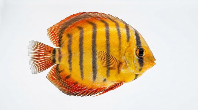 Vibrant yellow fish with black stripes and orange fins