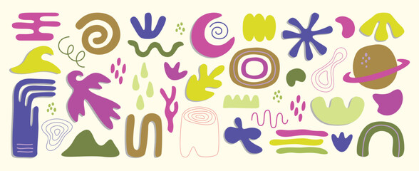 A large compilation of playful Matisse inspired abstract organic shapes, cosmic planets, and hand-drawn whimsical doodles on cream background. © Vivid Pixel Studio.