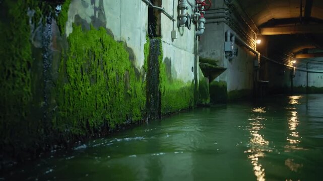 Dripping mossy concrete wall feeding water channel from leaks in underground tunnel, with red valve