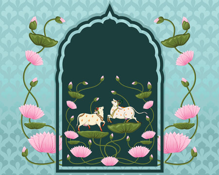 Lotus Pond Kamdhenu Pichwai Wallpaper | Traditional Indian Heritage Wall Mural
