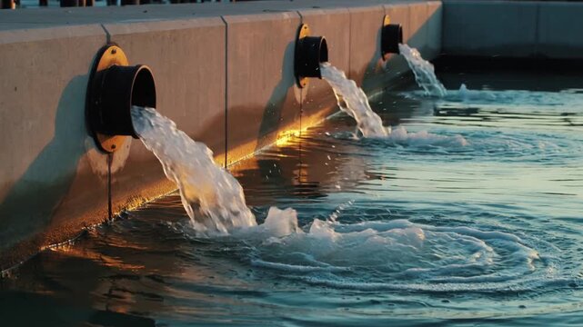 Pouring three circular outlets starting flow into concrete dock pool, creating splashes and ripples
