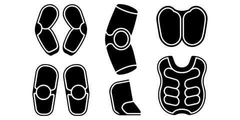 Protective sports equipment icon set featuring vest, knee pad, chest protector and safety gear, © Lutfunnaher