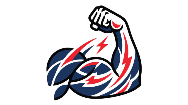 Single muscular arm flexing biceps with lightning bolts for fitness power, strength