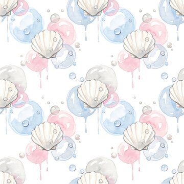 Watercolor Shells and Bubbles Baptism Seamless Pattern