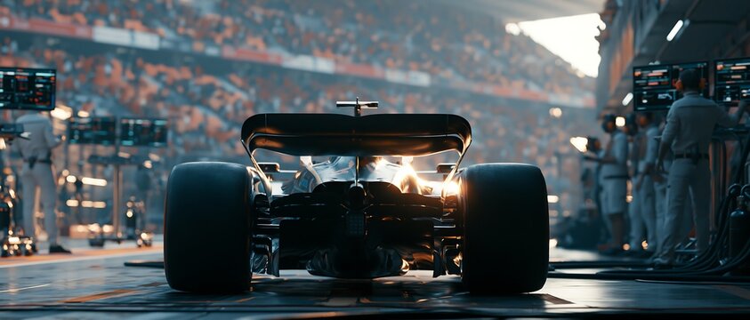 Open wheel race car preparing in pit lane before competition, motorsport team operations and high performance racing technology inside crowded circuit environment