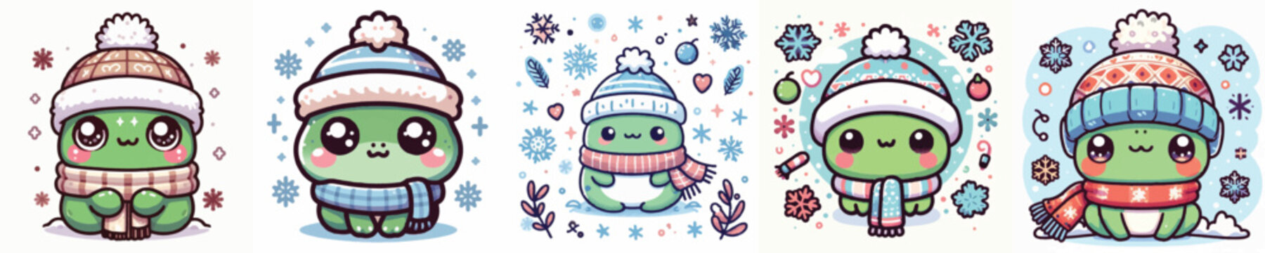 Vector of a cute cartoon frog character wearing a scarf and winter hat