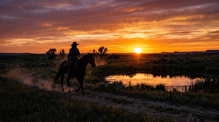 Fototapeta premium A cowgirl rides a horse along a scenic mountain trail at sunset. Concept highlights adventure, wilderness exploration, and rural lifestyle, appealing for travel and outdoor enthusiasts. Generative AI.