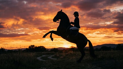Obraz premium Silhouette of a woman riding a rearing horse in a meadow during a dramatic sunset. Concept of equestrian sport, lifestyle, nature and commercial marketing use. Generative AI.
