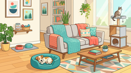 Plakat A cozy, pet-friendly living room illustration featuring a sleeping dog in a bed, a cat on a tower, plants, and colorful decor. Perfect for pet care, home lifestyle, and interior design.