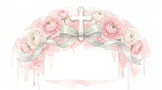 Watercolor baptism invitation template with pink roses cross and elegant ribbon