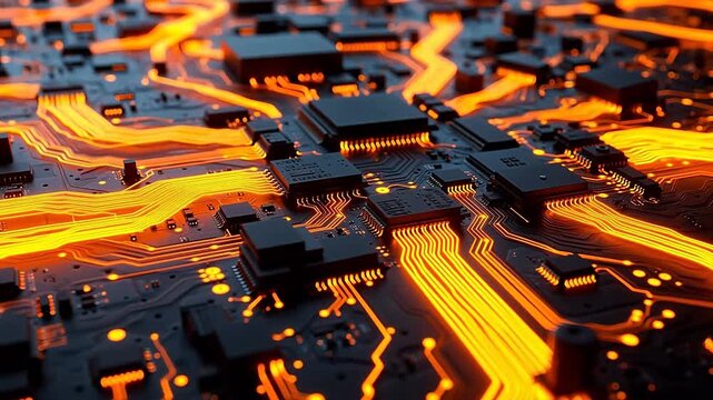 Circuit board with glowing orange pathways