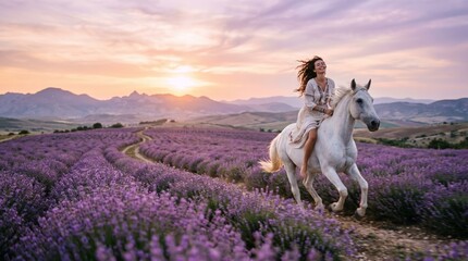 Obraz premium A woman joyfully rides a white horse amid sprawling lavender fields beneath a vibrant sunset. Concept of freedom, nature, and travel, perfect for lifestyle and wellness themes. Generative AI.