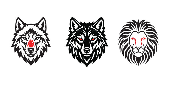 Set of wild animal head emblems featuring wolves and a lion predator portrait