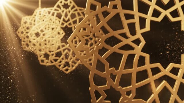 Golden arabesque geometric patterns, Islamic star ornaments, glowing particles, light rays, festive celebration, Ramadan Mubarak backdrop
