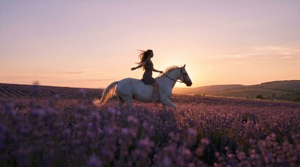 Obraz premium A woman joyfully rides a white horse amid sprawling lavender fields beneath a vibrant sunset. Concept of freedom, nature, and travel, perfect for lifestyle and wellness themes. Generative AI.