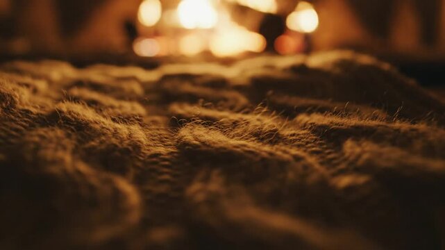 Brown knit wool texture with fireplace bokeh.