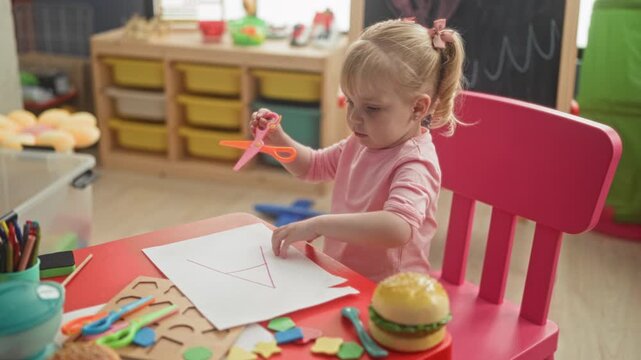 Little blonde girl cutting paper with pink safety scissors at a red play table in a preschool building, hands steady while tracing an a shape on paper; curiosity.