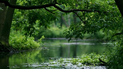 Obraz premium A tranquil and lush green ecosystem alive with birdsong captures a quiet moment in nature