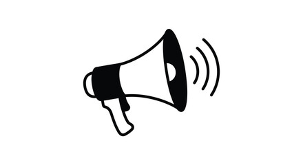 Black silhouette of a handheld megaphone with sound waves emanating isolated on a white background silhouette speaker announcement © Sumon