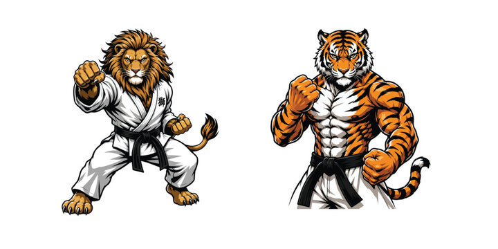 Anthropomorphic martial arts lion and tiger in karate uniforms with anthropomorp