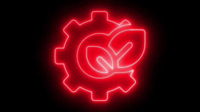 Glowing red neon gear and leaf symbolizing sustainable technology and eco-friendly industry