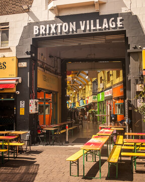 LONDON - Brixton Village Entrance &ndash; Outdoor seating area and entrance to Brixton Village market and food hall.