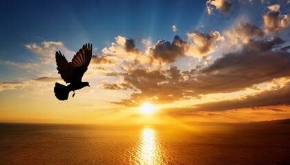 Obraz premium Divine Bird Sunset Flying Soaring Uplifting Hope Faith Inspirational Spiritual Heaven Clouds Freedom Silhouette
