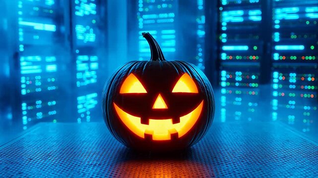 Carved pumpkin in server room