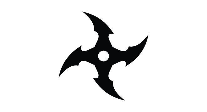 Four pointed throwing star with central opening a black silhouette against a white background silhouette ninja weapon blade