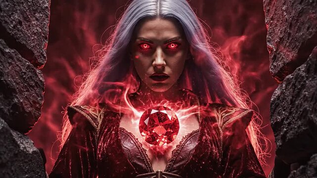Mysterious Sorceress With Glowing Red Gem and Fiery Aura