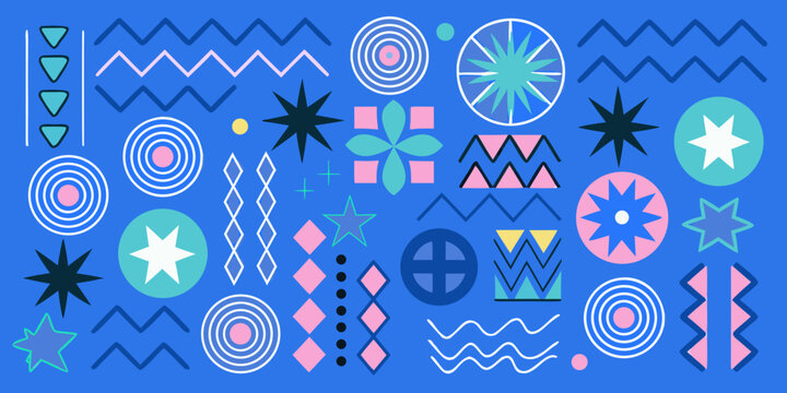 Abstract Memphis pattern with geometric shapes and wavy lines on a blue background design circles