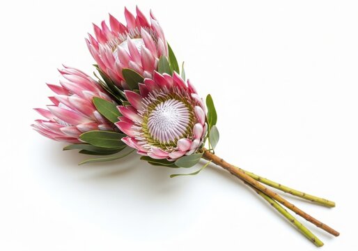 Beautiful pink protea flowers with green leaves on white background  floral arrangement