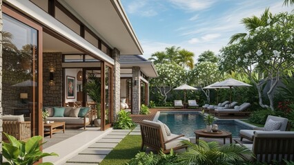 Fototapeta premium Luxury tropical villa patio with pool and lounge.