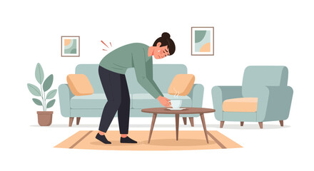 Fototapeta premium Woman Experiencing Back Pain Reaching For Coffee Cup In Modern Living Room Setting