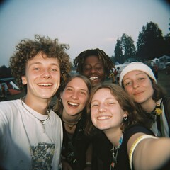 Obraz premium Group of Diverse Young People Smiling and Taking Selfie Outdoors at Sunset Festival