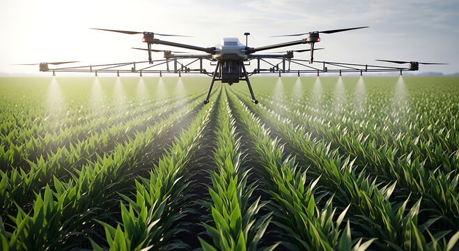 Agricultural drone spraying crops in a green field under a clear sky agriculture farming
