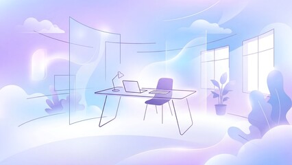 Fototapeta premium Minimalist workplace with laptop on desk inside an abstract dream office