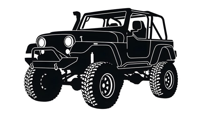 High-angle black and white vector silhouette of a heavily modified 4x4 off-road vehicle equipped with a snorkel and large mud tires, isolated on white.
