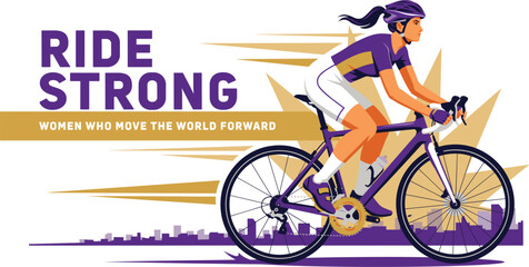 Fototapeta premium Woman riding bicycle with city skyline in background and text ride strong