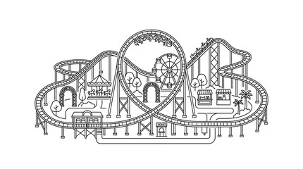 Obraz premium Minimalist Line Art Illustration of an Amusement Park with Roller Coaster Ferris Wheel and Carousel