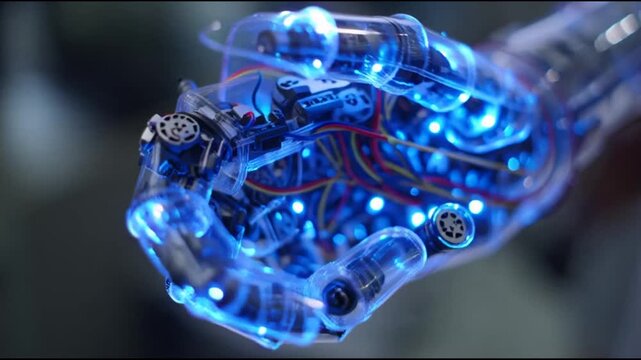 Robotic hand with blue lights clenching into a fist in a sci-fi lab