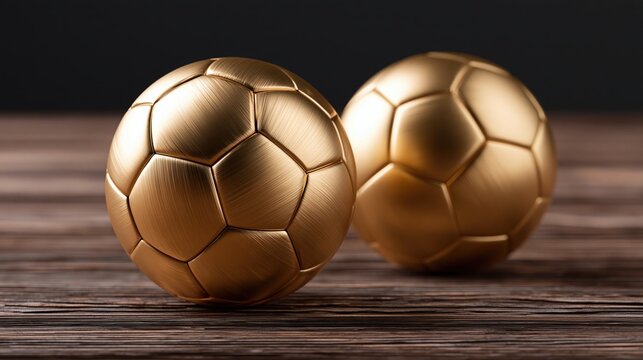 Two golden soccer balls on a wooden surface with a dark background, symbolizing achievement and luxury
