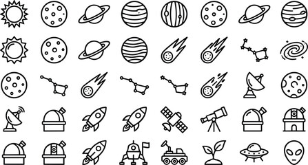 Set of space, astronomy, and exploration icons in simple outline style © moshaharul